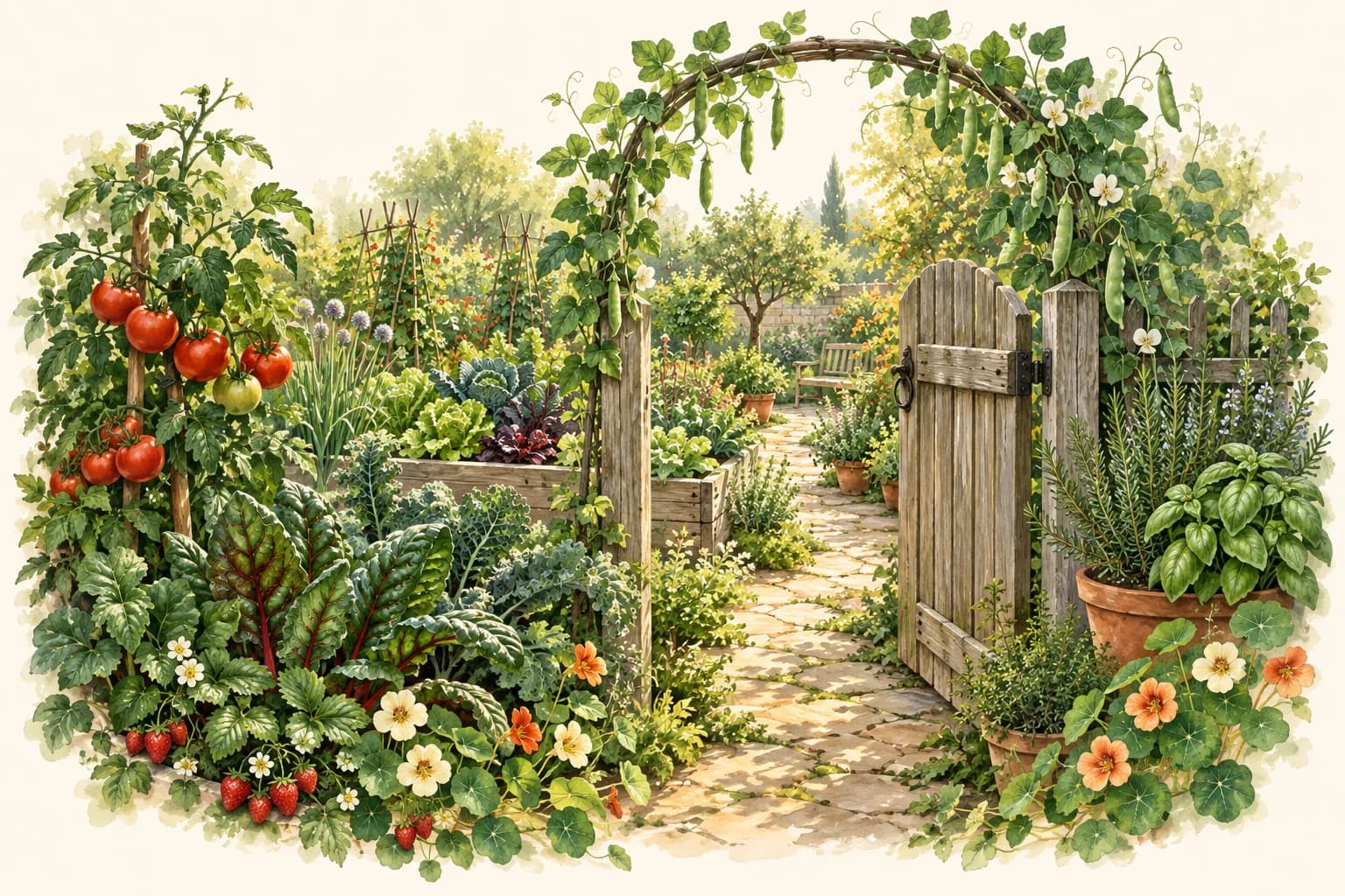 An open wooden gate leads along a sunlit path into a garden of tomatoes, peas, leafy greens, and potted herbs.